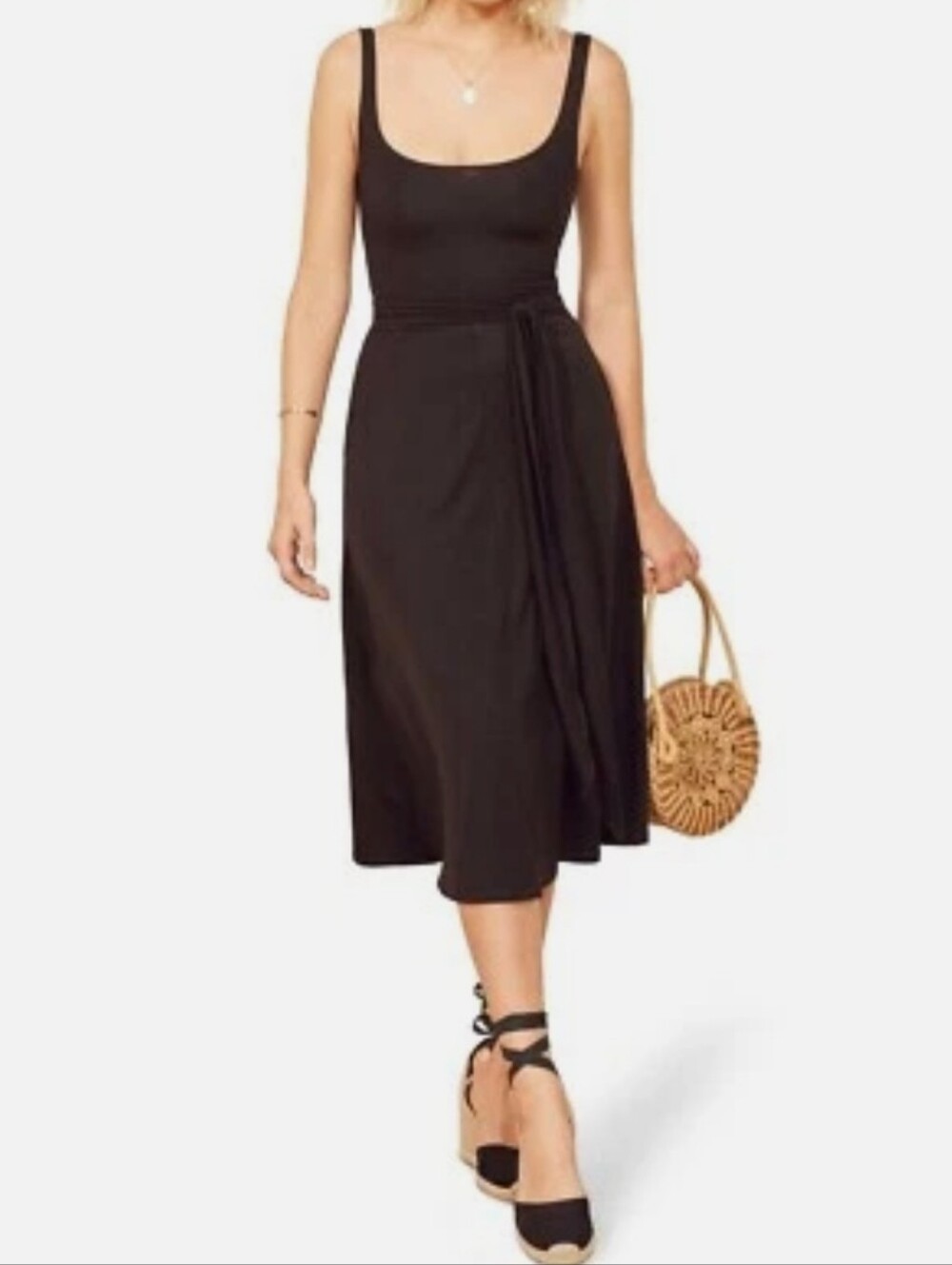 Reformation Jeans M Black Sleeveless Midi Dress with Tie Waist Classic Luxury - Picture 2 of 15